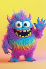 Naklejka premium A friendly monster covered in soft, fluffy fur, waving with a big toothy grin. The vibrant, playful design makes it look like a character from a children storybook.