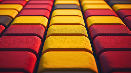 Fototapeta premium Red and Yellow Interlocking Paver Blocks with Smooth Grainy Texture in Neat Row