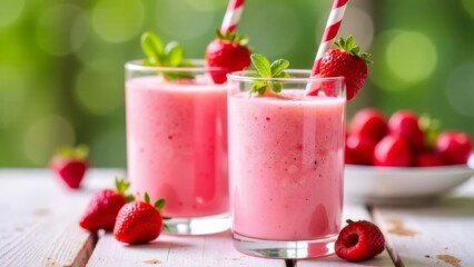 two glasses of fresh strawberry smoothie on a rustic wooden table with fresh strawberries, raspberries, blurred green background, healthy drinks, summer beverages, organic food, nutrition