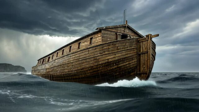 Illustration of Noah's Ark swimming on the waves of stormy sea with rainy and lightening in the sky	
