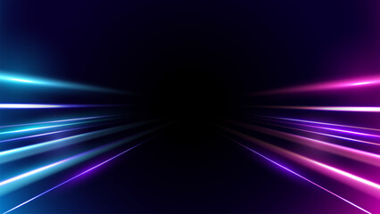 Fototapeta premium Dynamic motion light trails with motion blur effect on dark background. Modern abstract high-speed movement. Futuristic, technology pattern for banner or poster design.