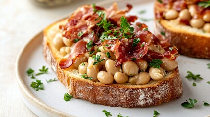 Brioche toast topped with buttery cannellini beans and crispy prosciutto, beautifully lit against a soft pastel background