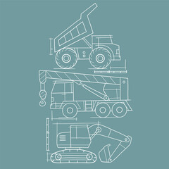 Hand drawn vector construction truck blueprint illustration. Heavy vehicle sketch design. EPS10 vector file.	