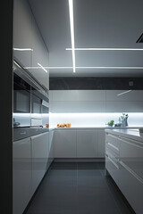 A sleek kitchen illuminated by bright, energy-saving LED ceiling panels, with a futuristic and minimalist design