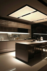 A sleek kitchen illuminated by bright, energy-saving LED ceiling panels, with a futuristic and minimalist design