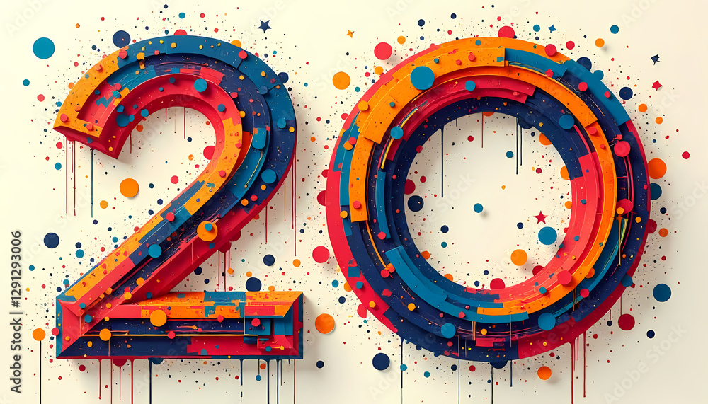 Poster abstract colorful number twenty with paint drips