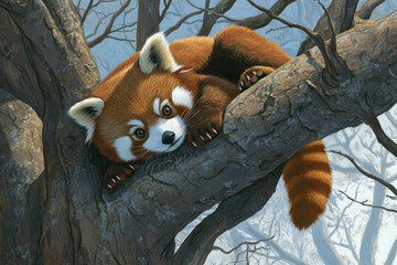 A playful red panda clinging to a tree branch, its fluffy tail curled around the bark while its curious eyes gaze directly ahead.