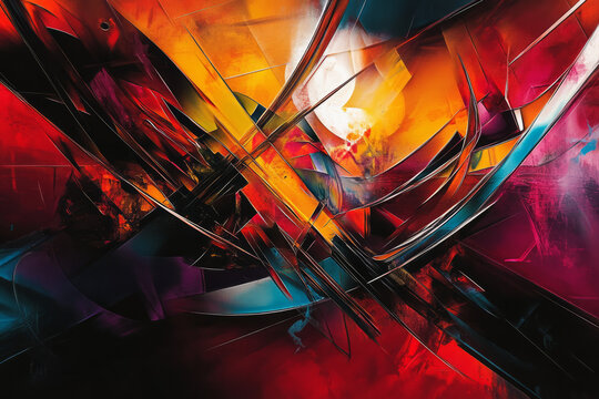 Illustration of a bold abstract design with sharp lines, vibrant colors, and a mix of organic and geometric shapes. The energy of the piece is palpable, creating a strong visual impact through bold