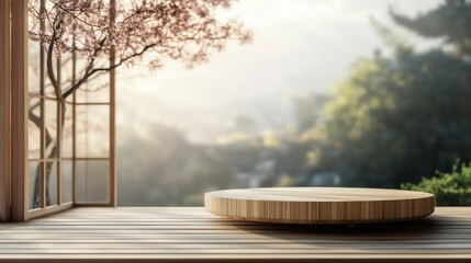 A bamboo podium for product display with an Asian background.