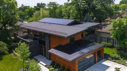 A sleek solar shingle roof on a modern suburban home, blending technology and aesthetics