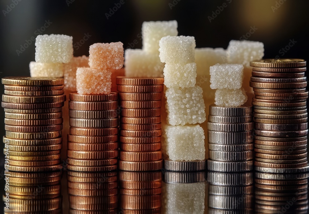Poster stacked coins and colorful sugar cubes on a reflective surface, creating a playful contrast between 