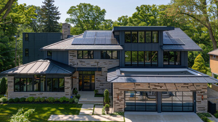 A sleek solar shingle roof on a modern suburban home, blending technology and aesthetics