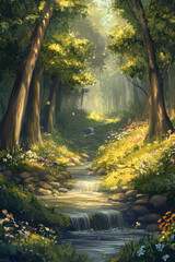 Obraz premium Illustration of a beautiful forest landscape with towering trees, a small river flowing through, and delicate flowers blooming along the banks. The scene feels serene and full of life, capturing the