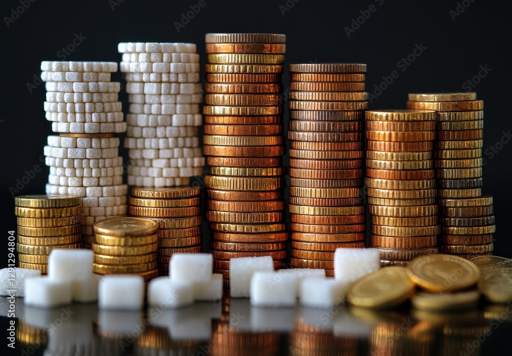 Poster stacked coins and sugar cubes representing value and sweetness, creating a contrast of currency and 
