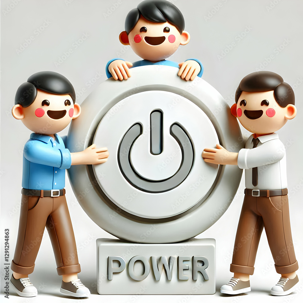 Poster 3d power button concept as energetic entrepreneurs press a giant power button prop at a startup laun