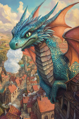 Fototapeta premium Illustration of a friendly dragon with colorful scales, blowing soft puffs of smoke while flying over a medieval village. The dragon kind eyes and the quaint village below create a delightful,