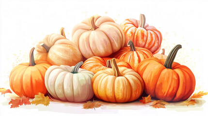 Pile of colorful pumpkins and gourds with autumn leaves.