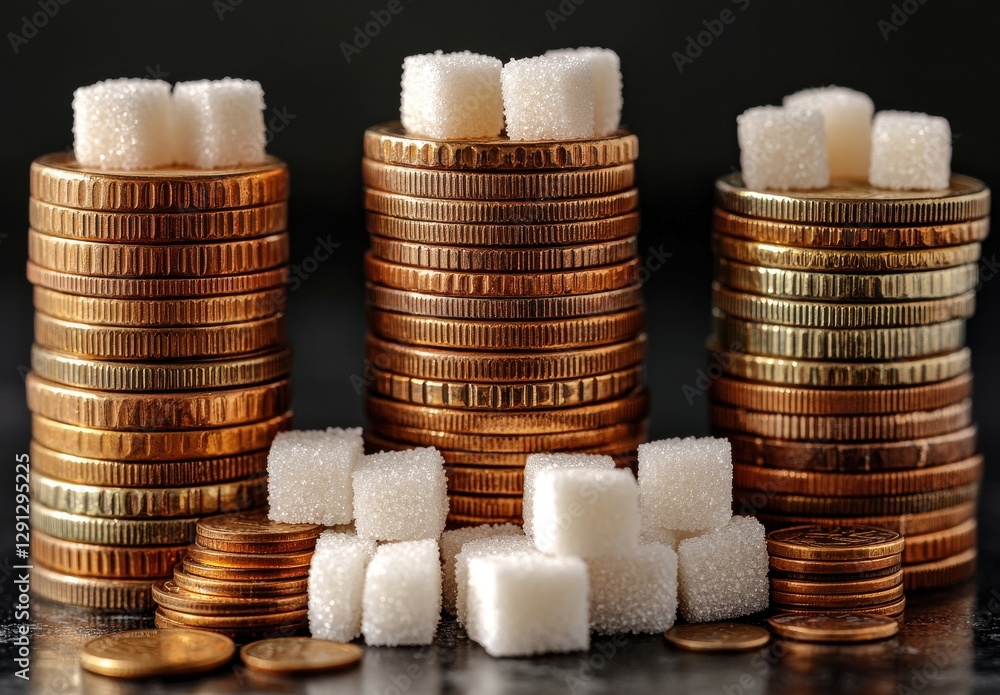 Poster stacks of coins and sugar cubes arranged creatively to symbolize the relationship between wealth and