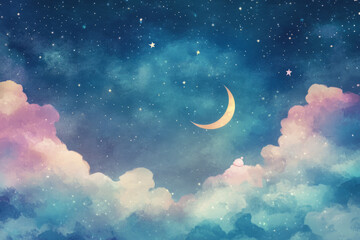 A magical nighttime sky filled with sleepy clouds, twinkling stars, and a crescent moon wearing a tiny nightcap. Soft pastel colors give the illustration a soothing, bedtime story feel.