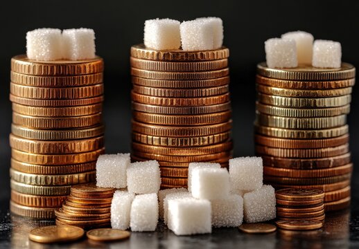 Stacks of coins and sugar cubes arranged creatively to symbolize the relationship between wealth and sweetness in a conceptual finance image