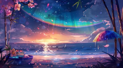 Obraz premium Beautiful Blue Skies with Nature, Bright Moon ,Cloud ,Beach scenery, Tree, night -Anime concept Background