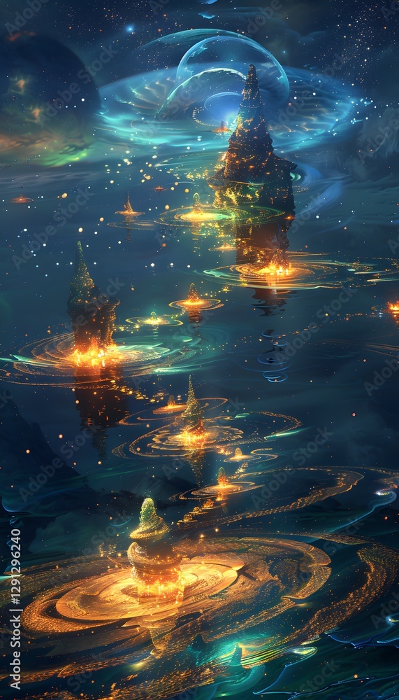 Poster a surreal ocean where glowing islands float mid-air, with radiant waves forming abstract patterns be