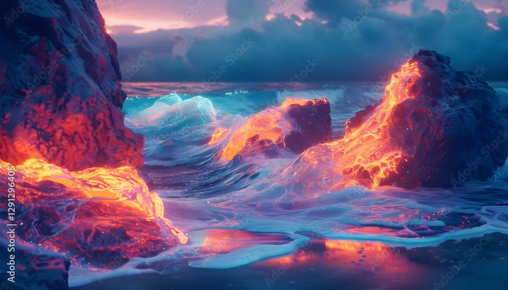Poster a conceptual beach where glowing waves crash into radiant, abstract rock formations that pulse softl