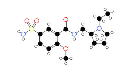 levosulpiride molecule, structural chemical formula, ball-and-stick model, isolated image antipsychotic