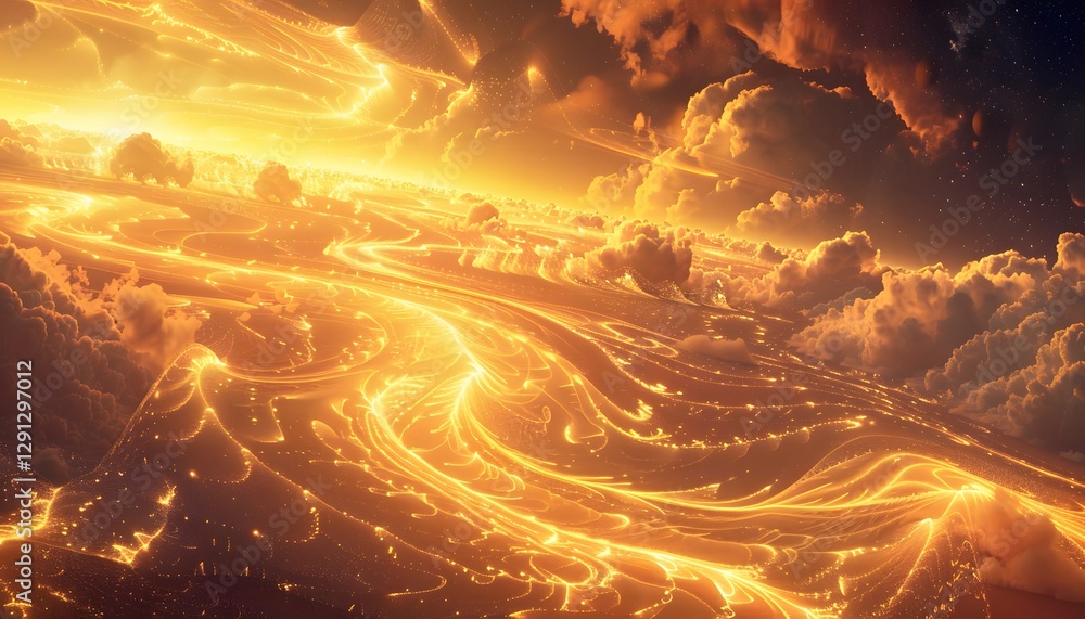 Poster a conceptual representation of time, with glowing rivers flowing upward into radiant golden clouds t