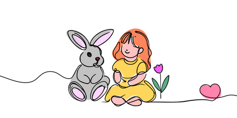 Easter Bunny and Little Girl Sitting Together Continuous Line Drawing. Cute Fluffy Rabbit and Girl Single Line Art Drawing Black Sketch Isolated on White Background. Vector Illustration. 