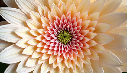 Elegant Spiral Dahlia Flower with Creamy Yellow to Pinkish-Coral Petals Transitioning to Dark Green Center
