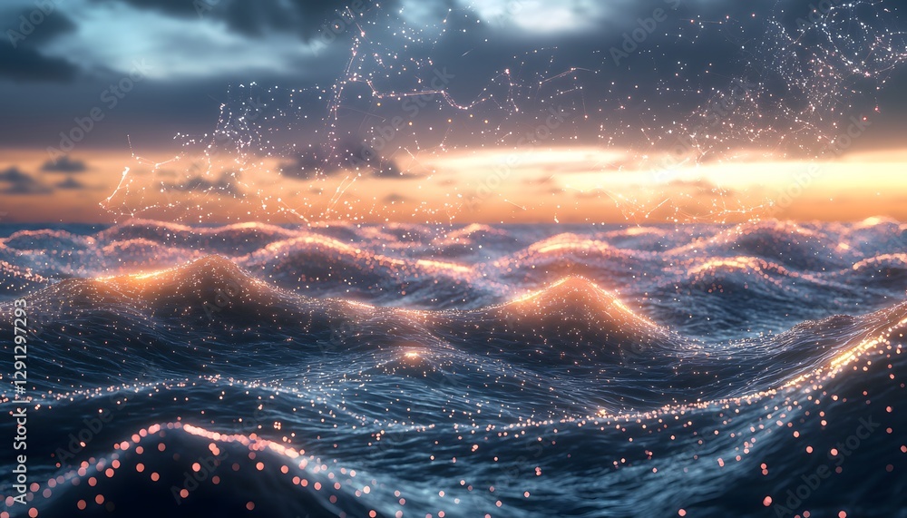 Aufkleber A conceptual ocean with glowing waves that form intricate light patterns, under a sky filled with radiant abstract constellations