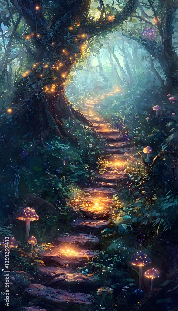 Aufkleber a dreamlike forest path where each step glows softly, lined by radiant mushrooms and glowing vines i