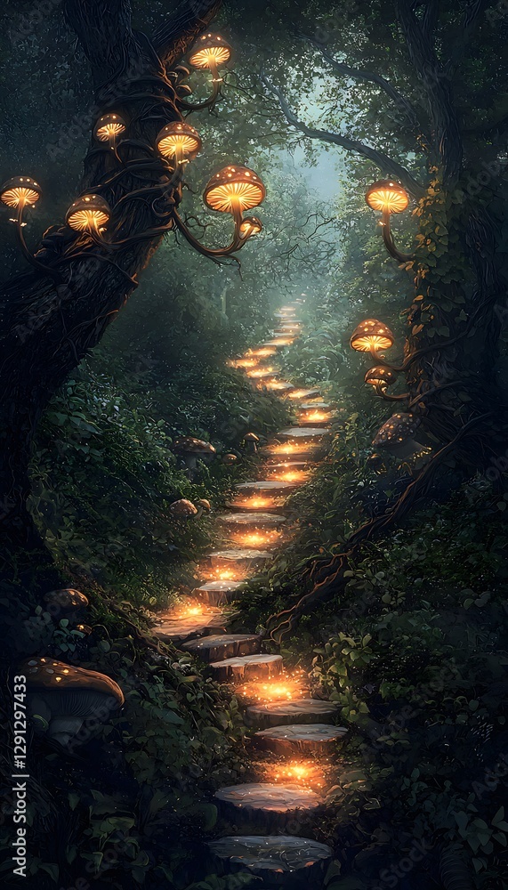 Poster A dreamlike forest path where each step glows softly, lined by radiant mushrooms and glowing vines intertwined around the trees