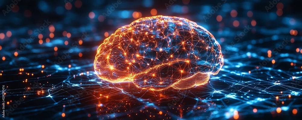 Poster scifi style illustration of a glowing brain model, showing active neural connections as bright lines