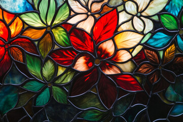 A delicate stained glass window featuring intricate patterns of flowers and leaves, with vibrant colors of ruby red, emerald green, and sapphire blue. The soft light filtering through adds a magical