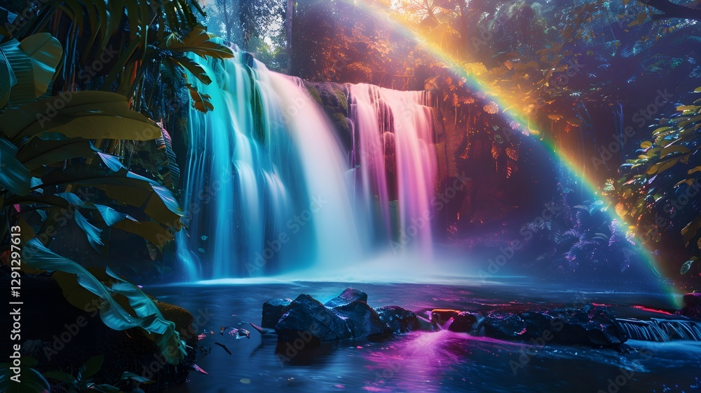 Aufkleber A surreal waterfall where glowing rainbows arc over radiant pools, creating a magical setting in a twilight jungle