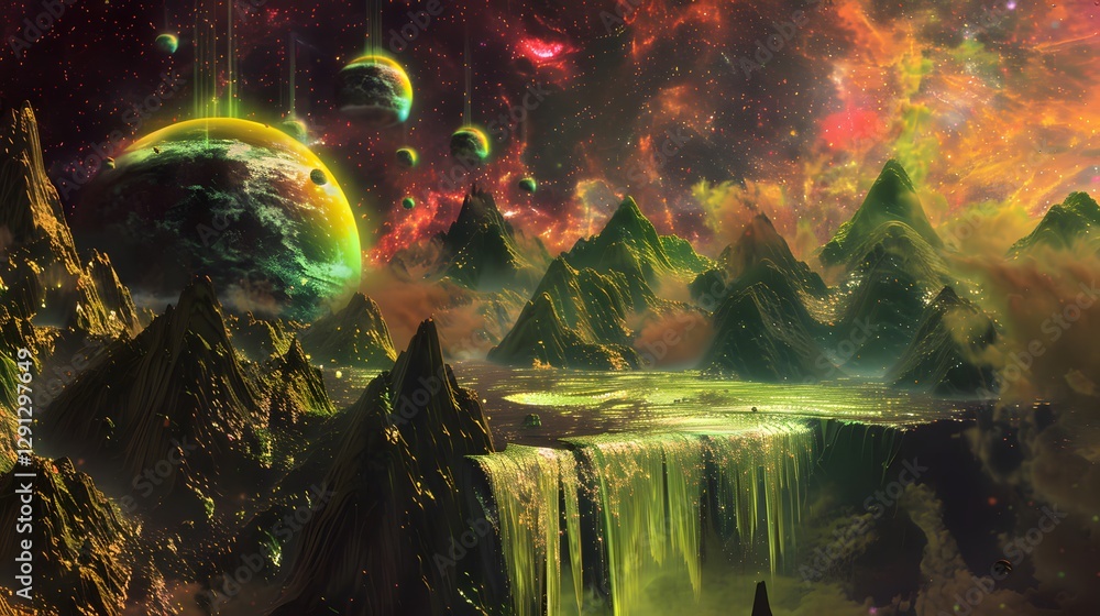 Aufkleber a surreal floating mountain range where waterfalls cascade upward into glowing orbs of light, under 