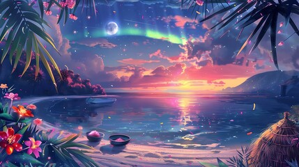 Obraz premium Beautiful Blue Skies with Nature, Bright Moon ,Cloud ,Beach scenery, Tree, night -Anime concept Background