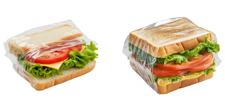 Make  high-resolution file of plastic wrap wrapped around a sandwich on a transparent background PNG