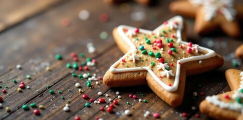 Gingerbread star with icing and sprinkles on a wooden table, decorations, sprinkles, dessert