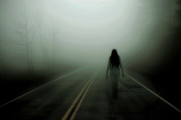 A solitary figure walks along a misty road, enveloped in fog, creating a mysterious and eerie atmosphere.