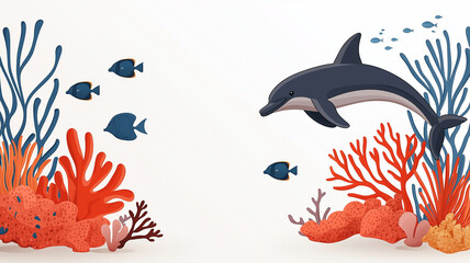 Cheerful dolphin swimming among colorful coral reefs and fish in vibrant underwater scene. playful atmosphere captures beauty of marine life