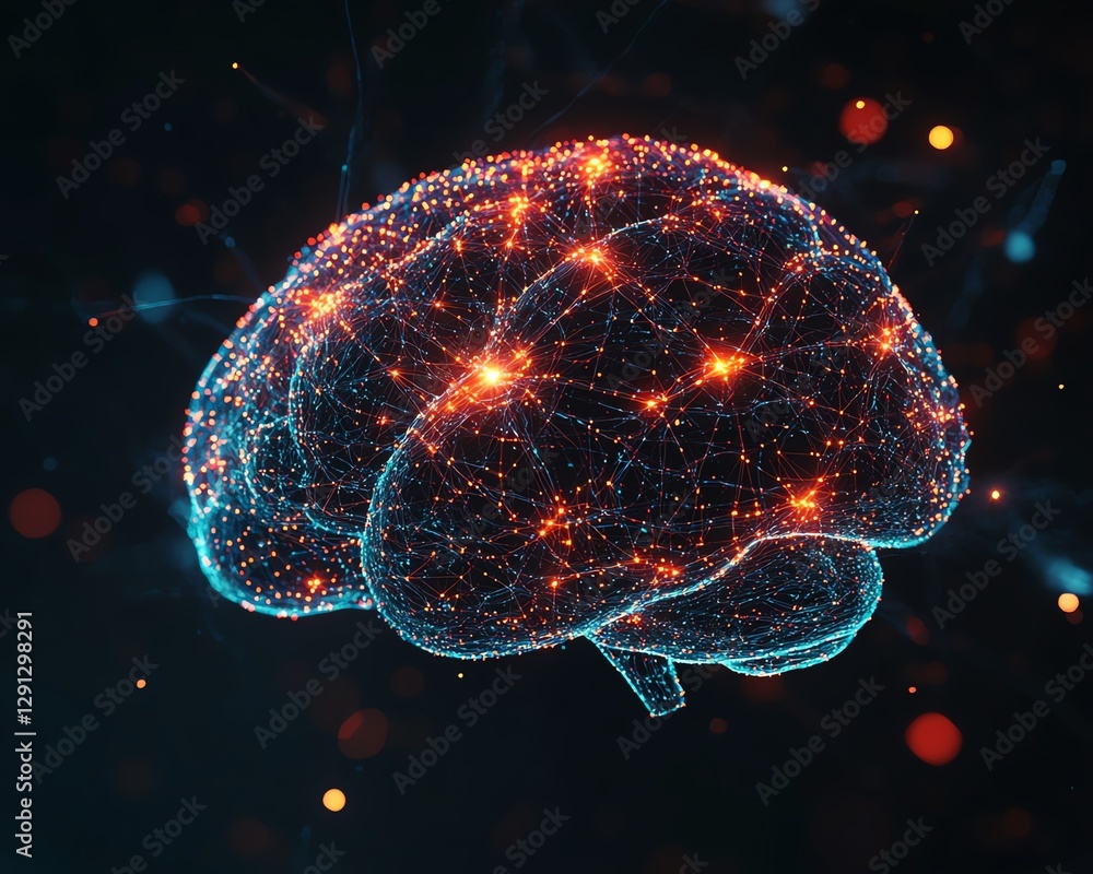 Aufkleber concept art of a glowing brain model with neural activity, network connections appearing as vibrant 