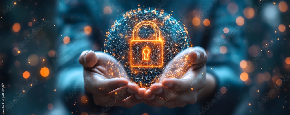 Fototapete concept art of a person presenting a glowing lock icon, representing data protection and cybersecuri