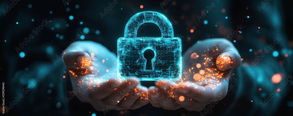 Aufkleber Concept art of a person presenting a glowing lock icon, representing data protection and cybersecurity, with a focus on digital transformation and secure virtual systems