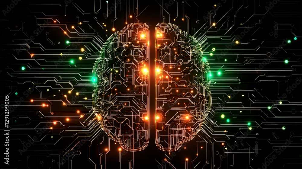 Poster Creative illustration of a glowing brain with neural activity, network connections forming bright lines, showcasing intelligence and tech in a futuristic, dark background