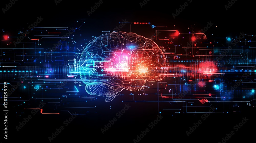 Poster creative illustration of a glowing brain with neural activity, network connections forming bright li