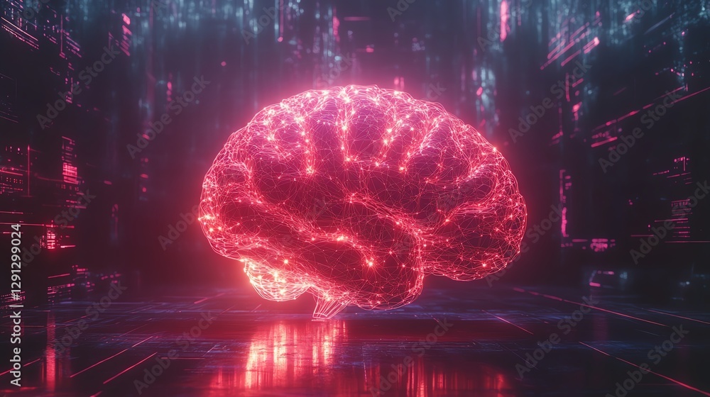 Poster creative illustration of a glowing brain with neural activity, network connections forming bright li