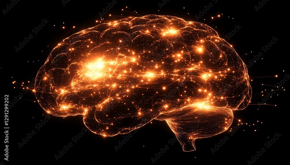 Poster digital artwork of a glowing brain with neural activity, where network connections appear as bright 